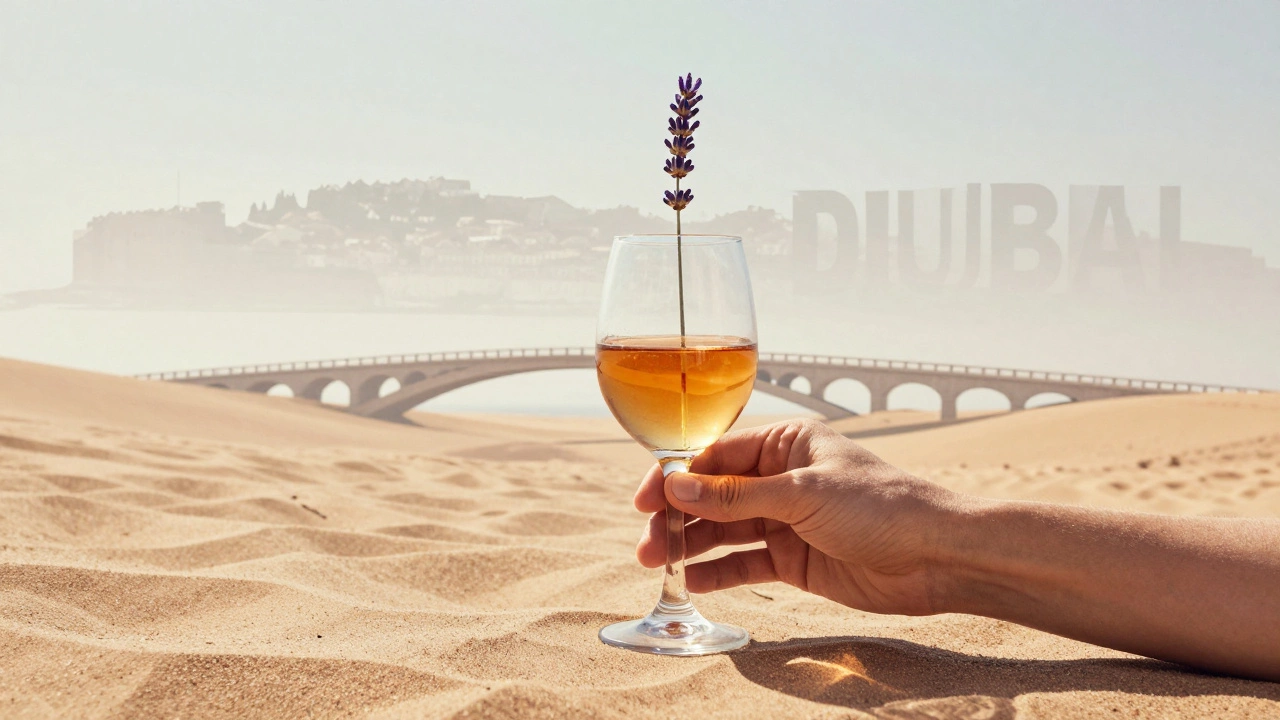 A Croatian wine glass resting on sandstone that blends into desert dunes, symbolizing Dubai-Croatia connection.