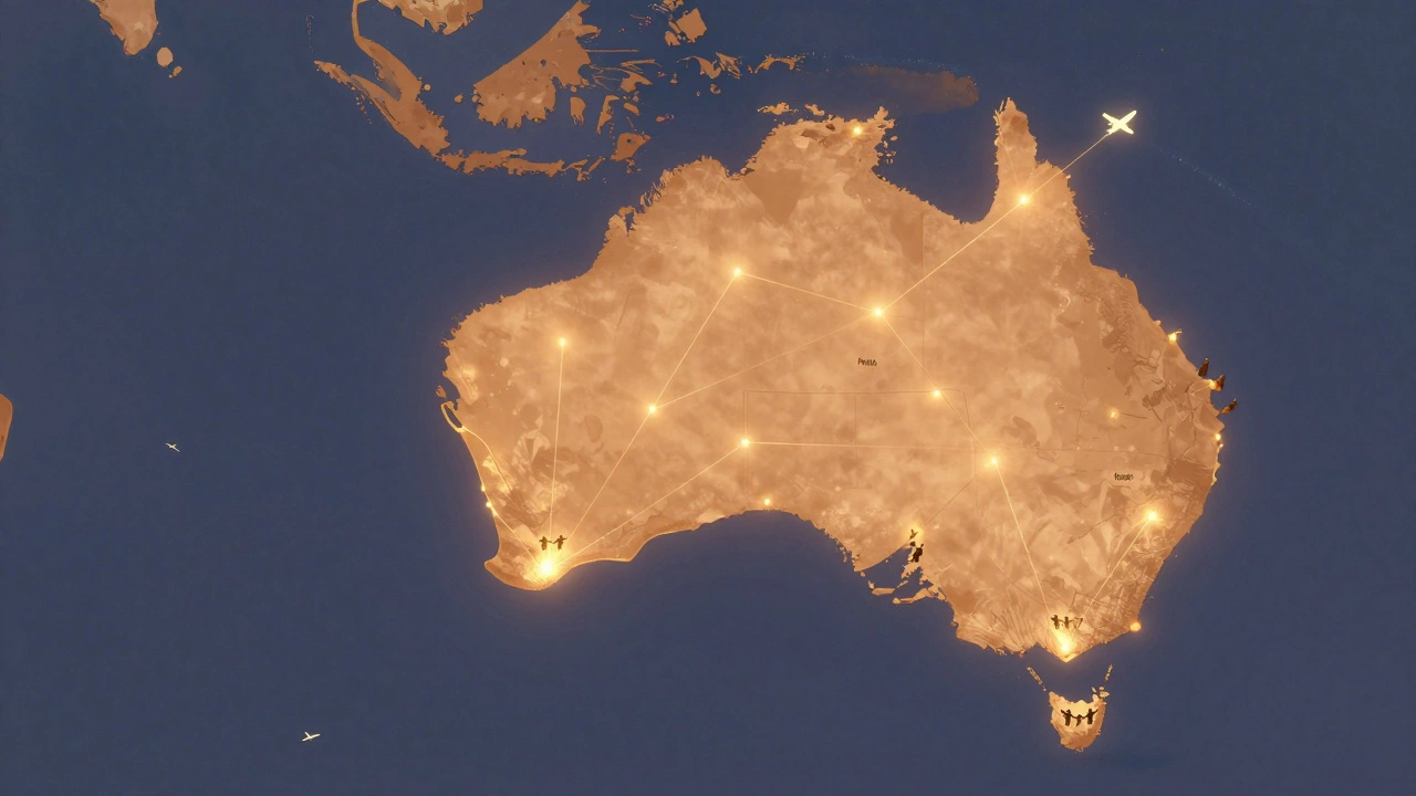 Golden lines connect cities across Australia on a glowing map, with silhouette figures reaching across miles.
