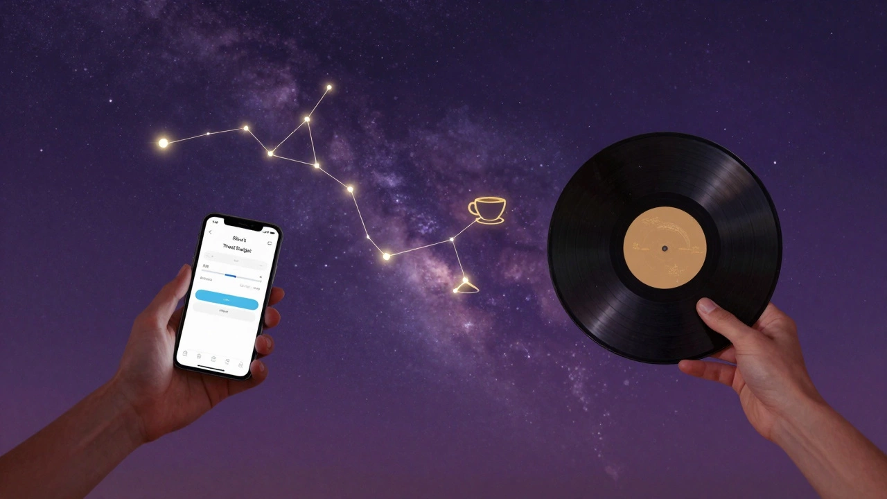 Two hands reach across a starry sky, one holding a phone, the other a vinyl record, symbolizing connection beyond distance.