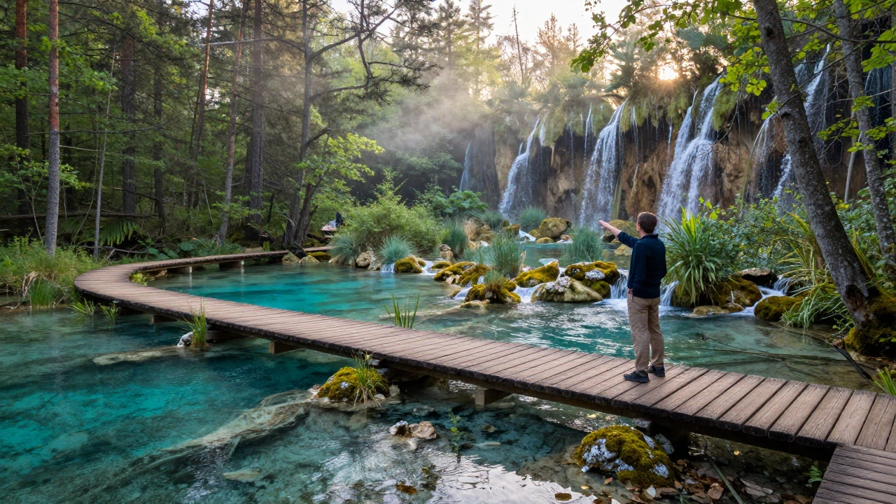 Wooden walkways above turquoise lakes in Plitvice National Park, surrounded by mist and pine trees.